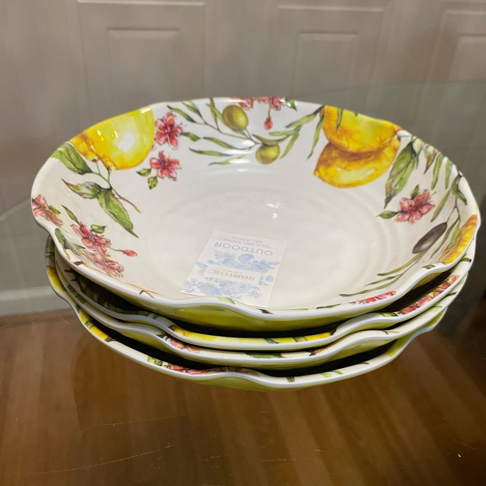4 SHABBY CHIC Lemon Olives SALAD Cereal BOWLS Pasta MELAMINE Yellow 9" NEW